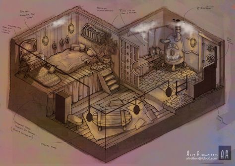 Interior Concept Art, Steampunk Aesthetic, Steampunk House, Fantasy Rooms, Isometric Art, 흑백 그림, Fantasy House, Steampunk Design, Interior Concept