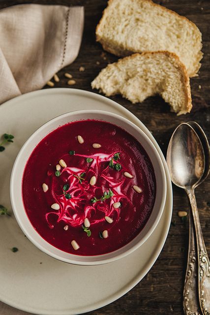 Beet Cream Soup by mikeyarmish, via Flickr Roasted Beet Soup, Soup Photography, Soup Veggie, Beet Soup Recipes, Menu Semanal, Beetroot Recipes, Beetroot Soup, Russian Dishes, Delicious Soups