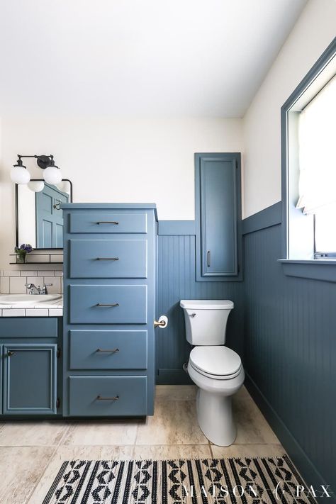 Tall Beadboard Bathroom, Blue Beadboard Bathroom, Molding In Bathroom, Floor To Ceiling Beadboard, Painted Beadboard Walls, Diy Beadboard Walls, Vinyl Beadboard, Blue Beadboard, Beadboard Ideas