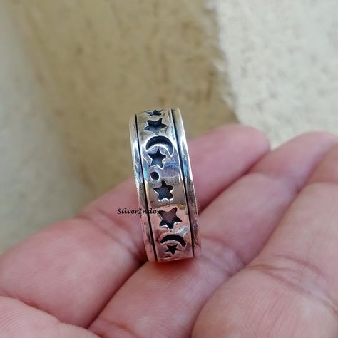 Stars Ring, Moon And Star Ring, Meditation Ring, Spinning Rings, Meditation Rings, Rose Quartz Ring, Spinner Ring, 925 Silver Ring, Spinner Rings