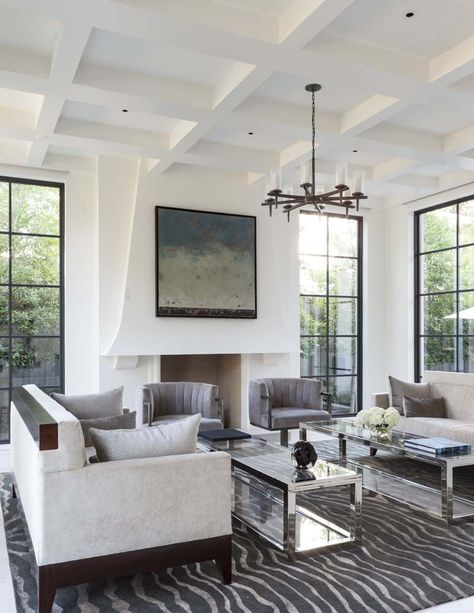 12 Ways to Incorporate a Coffered Ceiling Into Your Home Modern White Living Room, Mediterranean Living Room, Northern Light, Living Modern, Black Windows, Transitional Living Rooms, Living Room White, Coffered Ceiling, Cool Ideas