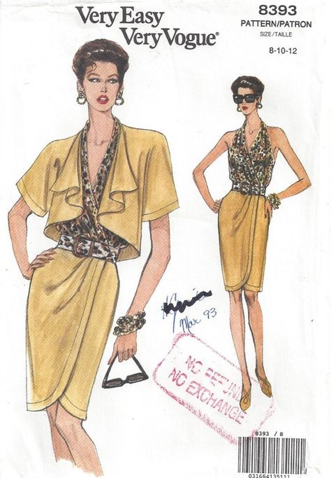 1990s Backless Halter Dress Cropped Loose Jacket Tapered Skirt Overlay Mock Wrap Bodice Very Easy Vogue 8393 Bust 31.5 32.5 34 Size 8 10 12 Draped Dress Pattern, Halter Dress Pattern, Tapered Skirt, Backless Halter Dress, Bolero Pattern, Mock Wrap Dress, Plus Size Patterns, Loose Jacket, Drape Jacket