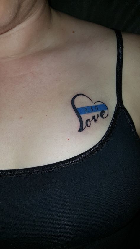 Fire Badge Tattoo, Blue Line Flag Tattoo Women, Blue Line Badge Number Tattoo, Cop Memorial Tattoo, Badge Number Tattoo Police, Cop Tattoo Ideas For Women, Fallen Officer Tattoo, Police Wife Tattoo Badge Number, Police Memorial Tattoo