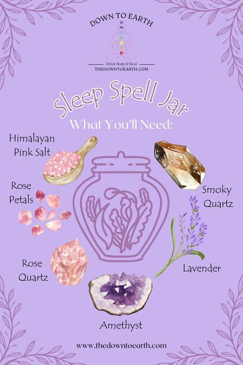 "Graphic showing items to include in a sleep spell jar: amethyst, rose quartz, Himalayan pink salt, and rose petals. The items are arranged with labels and decorative elements." - Down to Earth. Spell Jar For Sleep, Ingredients For Spell Jars, Spells With Rose Petals, Sleep Spell Jar, Sleep Spells, Calming Spell, Sleeping Spell, Christian Witch, Spiritual Elevation