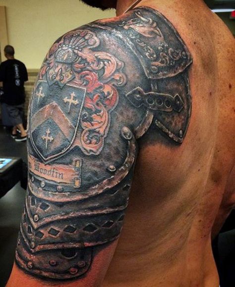 Guys Knight Suit Armor Tattoo Armour Tattoo, Biomech Tattoo, Shoulder Armor Tattoo, Crest Tattoo, Tatoo 3d, Shield Tattoo, Knight Tattoo, Armor Tattoo, Military Tattoos