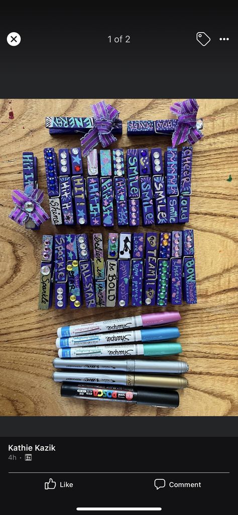 Cheer Bag Clothespins, Good Luck Clothespins For Cheer, Cheer Good Luck Pegs, Good Luck Pins Cheer, Cheer Cloths Pins, Cheer Comp Clothes Pins, Cheer Goodluck Clothespins, Cheerleading Ideas Diy, Cheer Clothes Pins For Backpacks Ideas