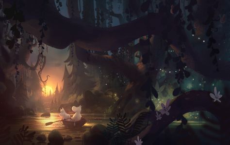 Moominvalley Concept Art / Midsummer Night by Tuomas Korpi Moomin Wallpaper, Moomin Valley, Rosamund Pike, Tove Jansson, Taron Egerton, Nordic Lights, Magical Art, Matte Painting, Kate Winslet