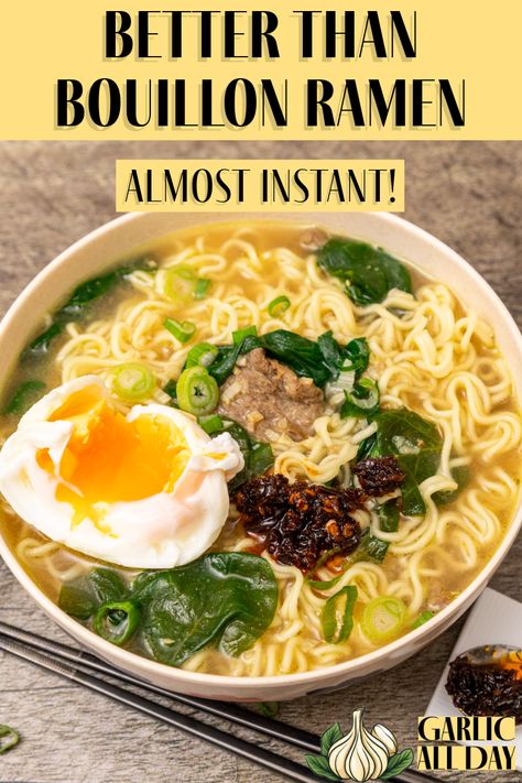 Bored of instant ramen or want something healthier? Try this Better than Bouillon Ramen recipe which uses non-fried noodles in an easy flavourful broth. Perfect for those busy weeknights, this recipe is sure to impress. Don't settle for those highly processed instant ramen packs, try your hand at homemade ramen! Home Made Ramen Broth, Asian Broth Soup Noodle Bowls, Simple Ramen Soup, Creamy Ramen Broth Recipe, Homemade Lipton Noodle Soup, Homemade Ramen Broth Recipes, Easy Homemade Ramen Broth, Recipes With Better Than Bouillon, Roman Broth Recipe