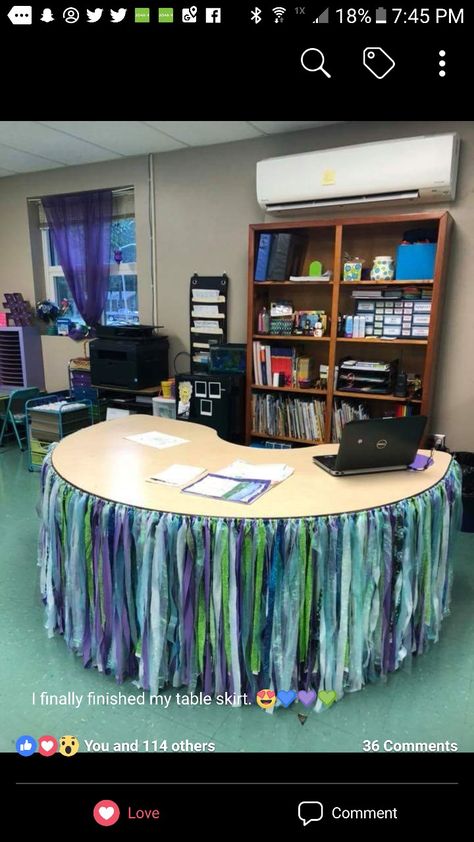 Teacher Corner Bulletin Board, Table Skirt Classroom, Teacher Table, Teaching Classroom Management, Teachers Room, Classroom Doors, Classroom Tables, Teachers Corner, Table Skirt