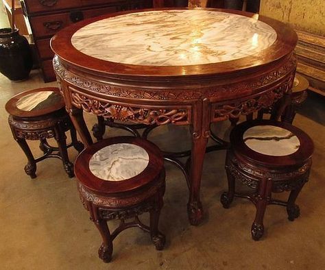 Chinese Round Table, Marble Top Table, Chinese Table, Round Table And Chairs, Antique Chinese Furniture, Marble Home, Wooden Door Design, Chinese Furniture, Marble Table Top