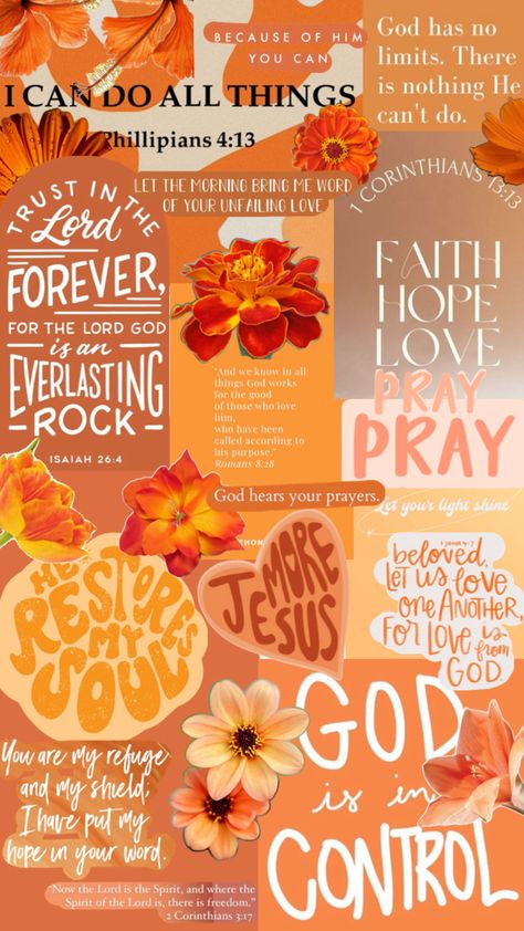 This is a collage made in orange tones with Bible verses and orange flowers. Faith Collage Wallpaper, Fall Phone Wallpaper Bible Verse, Fall Phone Wallpaper Collage, Cute Fall Christian Wallpapers, Thanksgiving Christian Wallpaper, Christian Halloween Wallpaper, Fall Bible Verses Wallpaper Aesthetic, Bible Collage Wallpaper, Tan Aesthetic Quotes