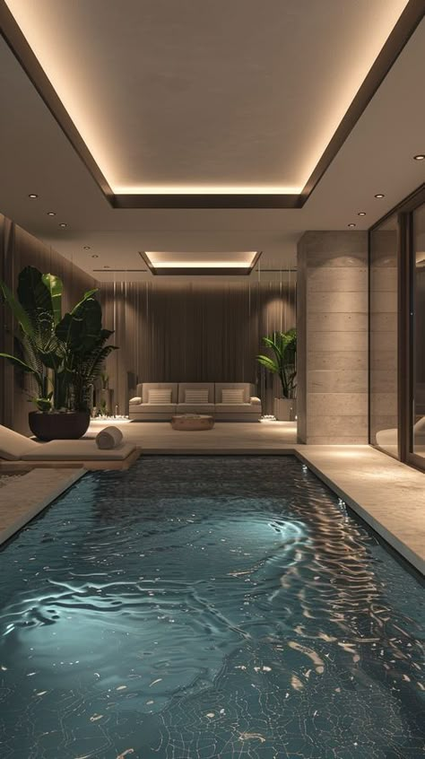 Swimming Pool In Basement, Interior Pool Design Luxury, Home Pool Indoor, Pool Room Ideas Interior Design, Hotel Room With Private Pool, Indoor Pool House Luxury, Aesthetic Indoor Pool, Indoor Pool In House, Indoor Pools Ideas