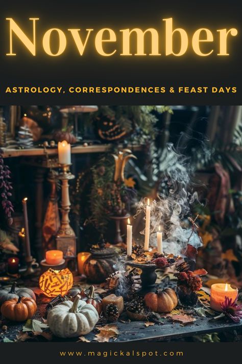 Step into the introspective chill of 🍁 November with 'Astrology, Correspondences & Feast Days.' Navigate the month's celestial energies, from the Beaver Moon to the depth of Scorpio's waters. 🌕♏ Explore November's rich tapestry of magical correspondences and the ancestral feasts that ground us in gratitude and remembrance. Perfect for those seeking wisdom in the darkening days. Let November's stars guide your path and practice. 🌌🔮 November Magical Correspondences, November Rituals, November Correspondences, Witchy Hobbies, Pagan Thanksgiving, Magick Correspondences, November Magic, November Magick, Samhain Ideas