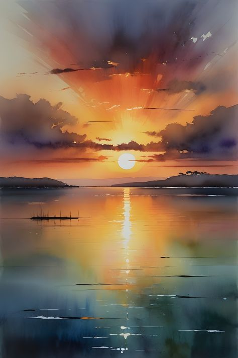 Sunrise over water scene, watercolor painting... Ai genereted  by DasAbra Painting Water Ripples, Sunrise Over Water, Sunrise Art Painting, Watercolor Seascapes, Sunsets And Sunrises, Painting The Sky, Watercolor Scenery, Sunrise Aesthetic, Art Assignments