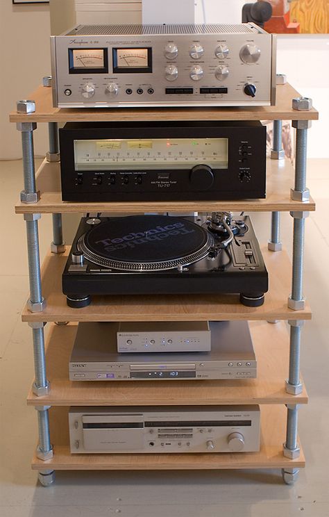 Plywood shelving/threaded rod Lp Regal, Plywood Shelving, Hifi Rack, Hifi Stand, Hifi Furniture, Wine Rack Plans, Turntable Stand, Stereo Cabinet, Audio Rack