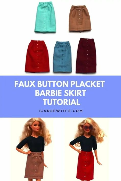 Barbie faux button placket skirt tutorial - I Can Sew This Barbie Shirt Pattern Free Sewing, Barbie Skirt Sewing Pattern, Barbie Doll Shirt Pattern, Trendy Sewing Patterns Barbie, Barbie Sewing Patterns Ickythecat​​​​​​.com, Barbie Knitting Patterns, Sewing Barbie Clothes, Barbie Sewing Patterns, How To Make Skirt