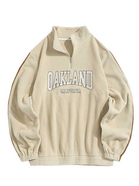 I am fully satisfied with the purchase. Varsity Graphics, Beige Streetwear, Letter Decoration, Stylish Letters, Embroidery Sweatshirt, Set Style, Letter Embroidery, Men Clothes, Quarter Zip Sweatshirt