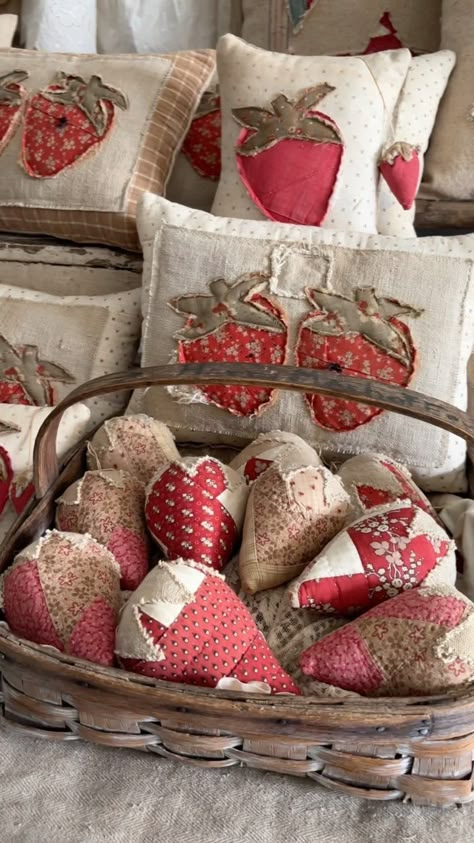 Showing off the strawberries made from old quilts and grain sacks today! Website restock Sunday at 7 PM ET. #strawberryseason… | Instagram What To Do With Old Quilts, Vintage Quilt Crafts, Applique Pillows Ideas, Handmade Sewing Gifts, Old Quilts Repurposed Ideas, Sewing Projects For Gifts, Quilted Decor, Quilted Crafts, Strawberry Crafts