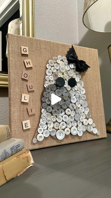 Melanie Ferguson•DIY Home Decorating on Instagram: "✅ Comment “YES” if you love buttons as much as I do! And then…  Grab some cardboard and a handful of buttons to make this super cute ghost ghoulie!! 👻  It’s super relaxing gluing buttons while enjoying your favorite show or movie and in the end you’ll have a piece of super fun, non-scary Halloween ghost decor! 🙌  What do you think? Are you gonna give it a try?   #halloweencrafts #ghostdecor #buttonart  #buttons #diyhalloween #cardboardcrafts #ghoulies" Button Pumpkin, Halloween Ghost Decor, Ghost Decor, Button Craft, Ghost Decoration, Pumpkin Crafts, Button Art, Button Crafts, Cardboard Crafts