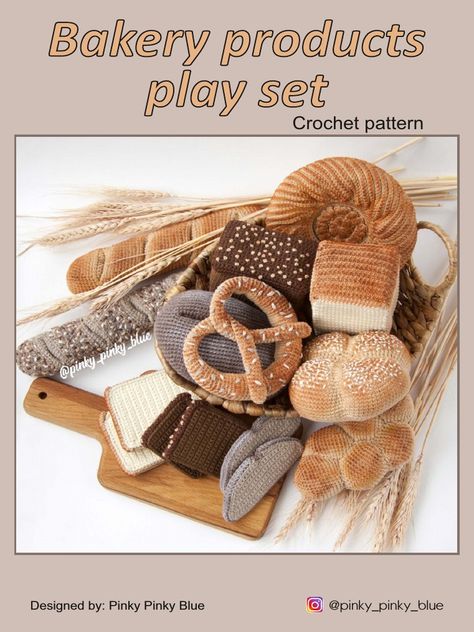 Crochet Patterns English, Kids Toy Kitchen, Food Crochet, Mini Baguette, Double Pointed Knitting Needles, Bakery Products, Braided Bread, Felt Play Food, Crochet Needlework