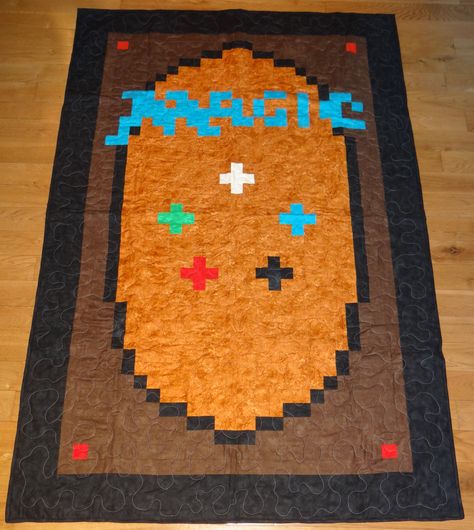 Twin Sized #Magic the #Gathering inspired #quilt.  This was one of the rewards from my recent #Indiegogo campaign. Crochet Magic The Gathering, Magic The Gathering Cross Stitch, Dnd Quilt, Magic The Gathering Crafts, Nerd Quilt, Magic Gathering, Unique Quilt Pattern, Teen Crafts, Dnd Crafts