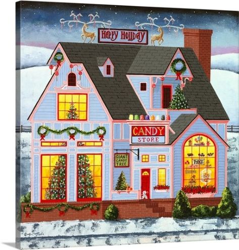 Art Poulin Premium Thick-Wrap Canvas Wall Art Print entitled Christmas Village - The Candy Store, None Christmas Village Art, Village Watercolor, Store Poster, Pastel Christmas Decor, Village Art, Americana Art, Giant Candy, Winter Village, Blue Candy