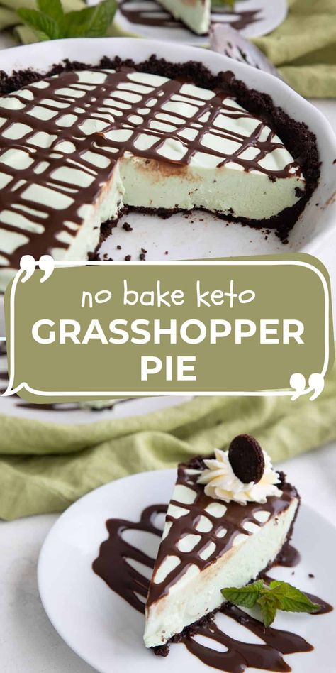 Keto Grasshopper Pie combines a sugar free chocolate crust with a creamy mint mousse filling. This delectable no bake keto pie will have everyone coming back for more! Keto Summer Desserts, Keto No Bake Desserts, Keto Pie Recipes, Mint Mousse, Carolyn Ketchum, Keto Pies, Sugar Free Pie, Keto Pie, Low Carb Milk