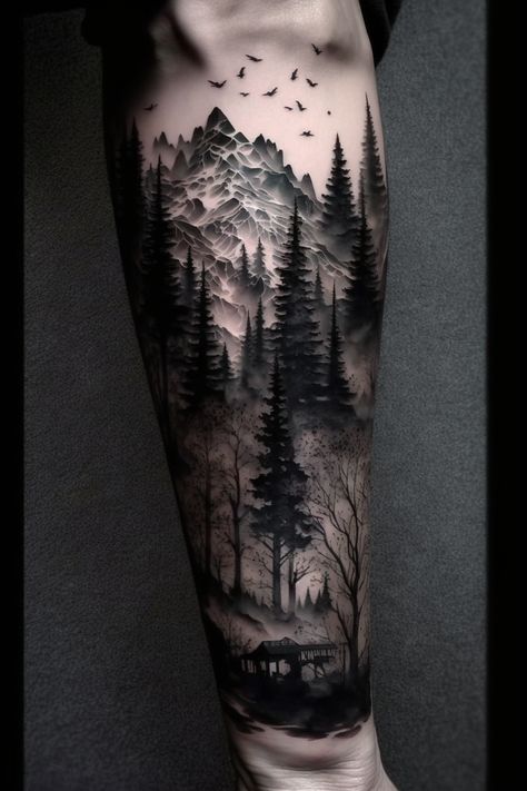 Want more tattoo ideas? ☕️ Support me 👉 buymeacoffee.com/29tattoolab Forest And Moon Tattoo, Wandering Tattoo, Mountain Tattoo Minimalist, Asher Tattoo, Dear Tattoos, Outdoor Tattoos For Men, Outer Bicep Tattoo Men, Woodland Tattoo Sleeve, Goth Symbols