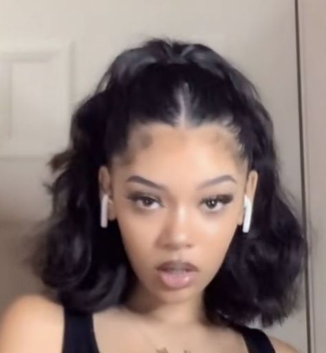 #hair #hairstylesforblackgirls Straight Shoulder Length Hair Black Women, Baddie Short Hairstyles Black, Short Hairstyle Women Baddie, Short Pressed Hairstyles For Black Women, Hair Styles Y2k Curly, Gel Down Short Hair, Girly Hairstyles For Black Women, Relaxed Curly Hair, Cute Baddie Hairstyles For School