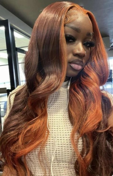 Blonde Brown Ginger Hair, Dark Brown To Ginger Hair, Fall Weave Hair Color Black Women, Two Tone Ginger Hair, Ombré Copper Hair, Ginger Flip Over Quick Weave, Copper Quick Weave, Dark Brown Ginger Hair, Dyed Hair On Dark Skin Women