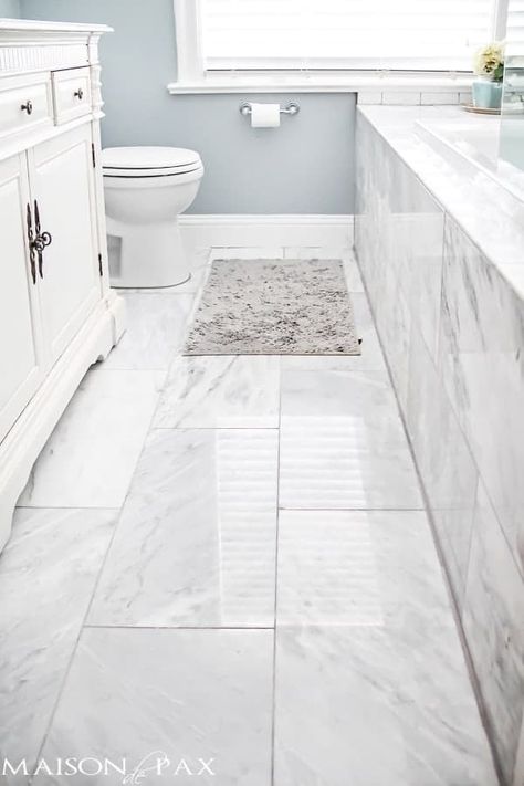 How to Choose the Best Floor Tile Type: A Comparison | Caroline on Design Small Baths, Top Bathroom Design, Marble Tile Bathroom, White Marble Floor, Cottage Bathroom, Bathroom Remodel Tile, Best Floor Tiles, Room Tiles, Trendy Bathroom