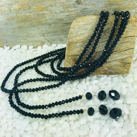 Knot Tie, Black Necklace, Tie Knots, Crystal Pearls, Black Crystals, Handmade Accessories, Just Because, Jet Black, Extra Long