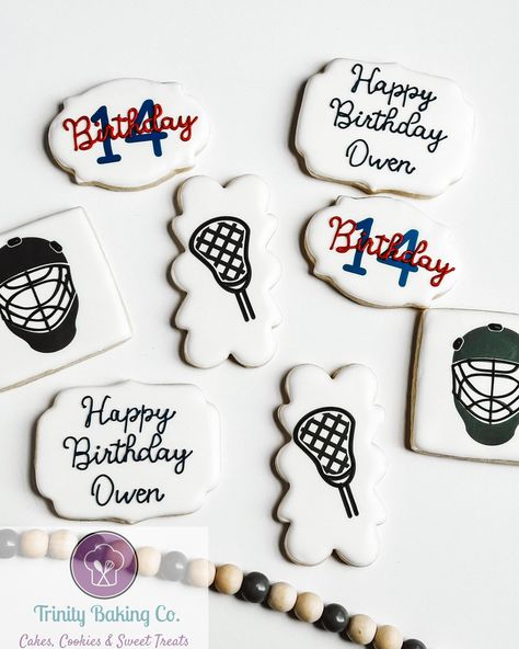 It’s a lacrosse birthday for Owen. Lacrosse Birthday, Cookie Bakery, Cakes And Cupcakes, Cakes Cupcakes, Custom Cookies, Decorated Cookies, Cupcake Recipes, Lacrosse, Cookie Decorating