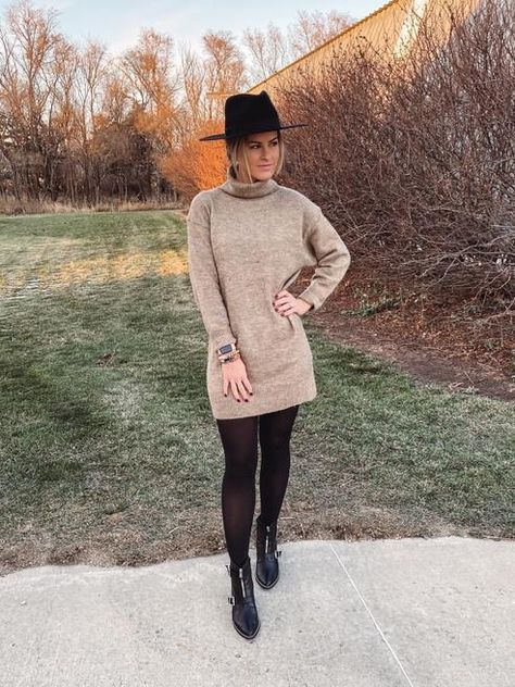 Baggy Sweater Dress Outfit, Oatmeal Sweater Dress Outfit, Sweater Dress With Boots And Tights, Sweater Dresses With Tights, Tights With Sweater Dress, Tank Dress Outfit Winter, Mini Sweater Dress Outfit, Sweater Dress Outfit With Tights, Sweater Dress With Black Tights