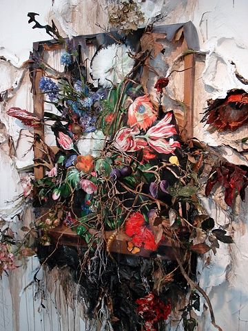 Valerie Hegarty - Flower Frenzy (detail) Flower Final Piece Art, Deterioration Art, Decaying Art, Decay Textiles, Valerie Hegarty, Destruction Art, Frame Sculpture, Decay Art, Growth And Decay