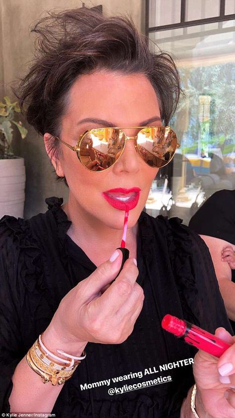 Cool grandma: Rocking a pair of gold aviators, Kris tried on one of Kylie's new lip kit co... Kris Jenner Sunglasses, Lip Kit, Kris Jenner, Gold Sunglasses, Mirrored Sunglasses Women, Aviator Sunglasses, Cat Eye Sunglasses, Mirrored Sunglasses, Sunnies