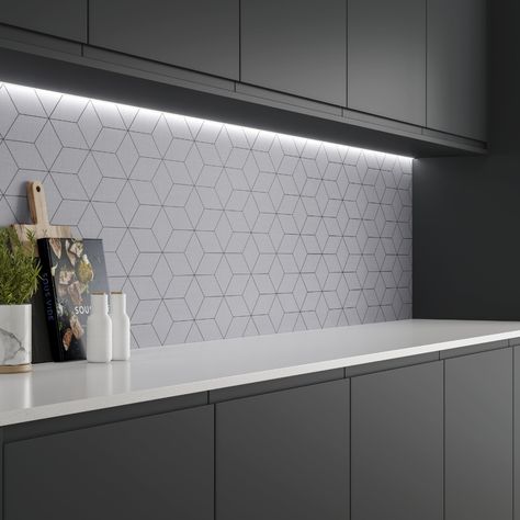 This eye-catching kitchen backsplash ideas is a perfect addition to any working space in your kitchen remodel. This grey hexagon backsplash will create a perfect finish in your modern kitchen, perfect for any kitchen cabinet inspiration, it perfectly mimics the look of hexagon kitchen tiles. Grey Hexagon Backsplash, Kitchen Cabinet Inspiration, Kitchen Splashback Tiles, Hexagon Backsplash, Grey Kitchen Designs, Tile Splashback, Dark Grey Kitchen, Grey Backsplash, Handleless Kitchen