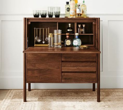 Verona 43" Secretary Desk with Drawers #potterybarn Stained Glass Furniture, Apartment Bar, Home Bar Cabinet, Mid Century Modern Living, Woodworking Inspiration, Secretary Desk, Secretary Desks, Drinks Cabinet, Home Decor Outdoor