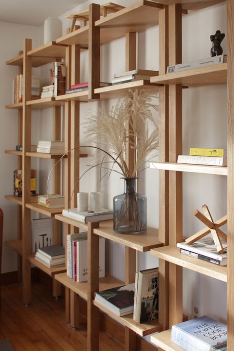 Collection — SinCa Design Oak Book Shelves, Bookcase Design Minimal, Irregular Bookshelves, Wooden Bookshelf Design, Japanese Shelves, Minimal Bookcase, Scandinavian Shelving, Scandinavian Bookshelves, Scandinavian Bookshelf