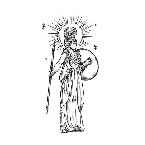 Athena Statue Drawing, Athena Line Tattoo, Ancient Greek Art Tattoo, Athena Tattoo Minimalist, Athena Illustration, Athena Tattoo Design Greek Mythology, Athena Tattoo Design, Hera Tattoo, Greek Art Tattoo