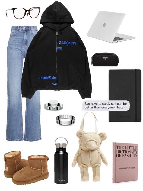 luxury days in fashion school, Prada pencil case, Prada water bottle, Gucci rings, the little dictionary of fashion I Can Be Better, Outfit For College, Better Than Everyone, College Days, The Vibe, Be Better, To Study, Washed Jeans, College Outfits