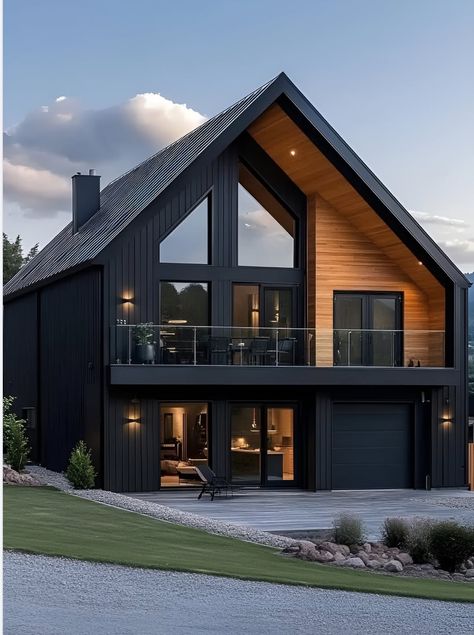 Black Cabin Exterior, Black And Wood Exterior House, Nordic House Design Exterior, Modern Barn House Exterior, Nordic Barn House, House Design Wood, Modern Nordic House, Scandinavian Barn House, Modern Cabin Exterior