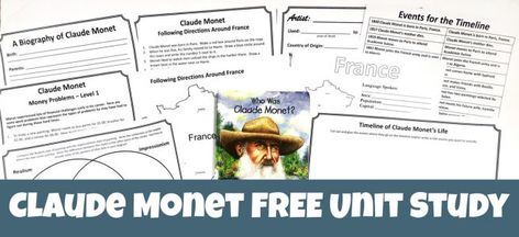 Claude Monet FREE Unit Study - peanut butter fish lessons Artist Unit Study, Art Unit Study, France Unit Study For Kids, France Unit Study, France Activities, Eclectic Homeschooling, Free Unit Study, Art Homeschool, Butter Fish