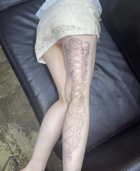 Back Of Leg Corset Tattoo, Corset Tattoo, Cute Tats, Wicked Tattoos, Baby Tattoos, Dream Tattoos, Dope Tattoos, Simplistic Tattoos, Skin Art