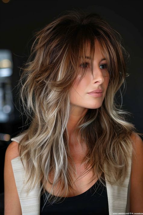 Must-Try Shag Haircuts and Hairstyles in 2024 Medium Hair Fringe Layers, Balayage On Shag Haircut, Original Shag Haircut, Trendy Shaggy Hairstyles, Long Shag Haircut Fine Hair Over 50, Shag Hairstyles Long Hair, Ombre Shag Hair, Gentle Balayage, Modern Day Shag Haircut