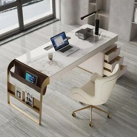 2.2M Modern design Mingya office CEO/boss table desk with storage cabinet Marble L Shaped Desk, Home Office Desk And Table, White Office Table Design, Luxury Desk Design, Marble Desk Office, Marble Office Desk, Luxurious Desk, Office Desk Furniture, Office Desk Design