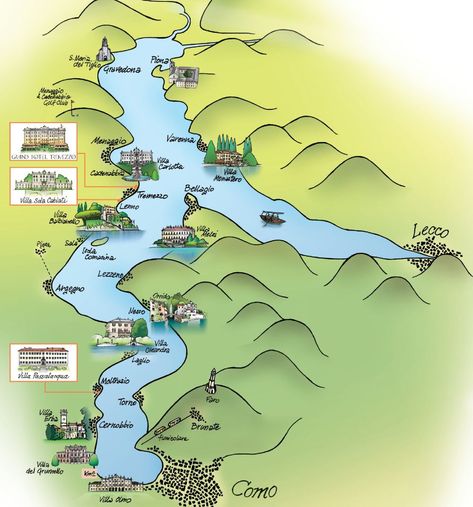 Lake Como interactive map. Grand Hotel Tremezzo. Tremezzo Italy, Grand Hotel Tremezzo, Lake Maggiore Italy, Italian Trip, Lake Como Italy, Thermal Bath, Italy Map, 5 Star Hotel, Como Italy