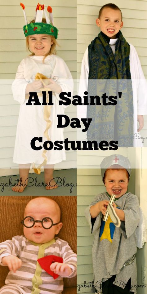 Use what you have around the house to make a last minute All Saints' Day Costume. St. Lucia, St. John Vianney, St. Michael, and St. Maximilian Kolbe Saint Patrick Costume All Saints Day, Saint Costumes For Kids Catholic, All Saints Day Costumes, Mass Activities, Lucy Costume, Saint Costume, Catholic Kids Activities, Kid Costumes, Saint Elizabeth