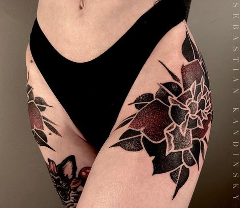 Big Cover Up Tattoos, Rose Hips, Tatuaje A Color, Gothic Tattoo, Thigh Tattoos Women, Black Ink Tattoos, Hip Tattoo, Tattoo Sleeve Designs, Cover Up Tattoos