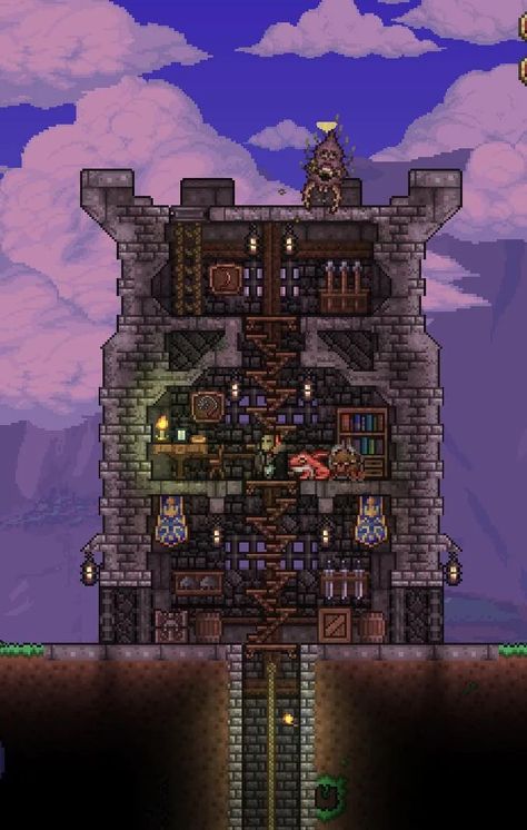 Terraria Blacksmith, Terraria Castle Ideas, Terraria Wizard Tower, Terraria Trophy Room, Castle Terraria, Terraria Tower, Terraria Storage Room, Starbound Building, Terraria Castle